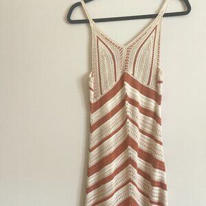 White-and-brown-striped crochet midi dress